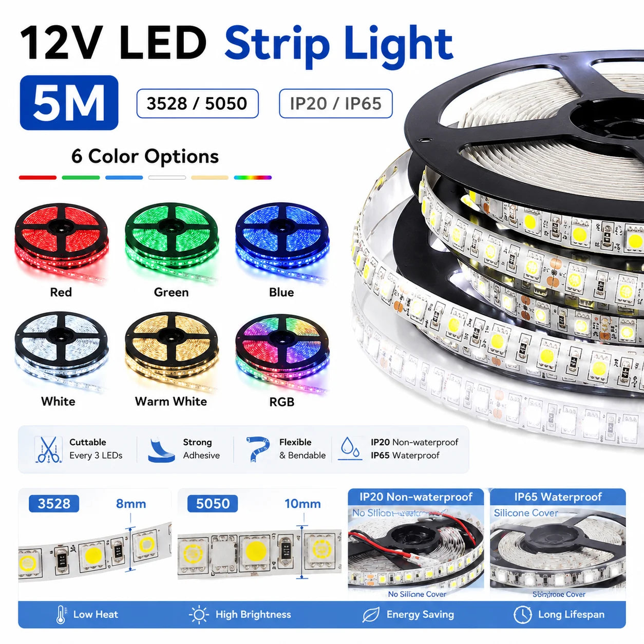 5M 12V LED Strip Light 3528 5050 SMD LED Tape RGB