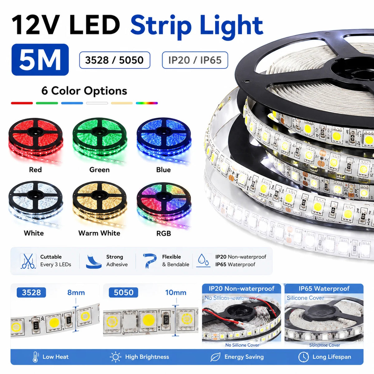 5M 12V LED Strip Light 3528 5050 SMD LED Tape RGB