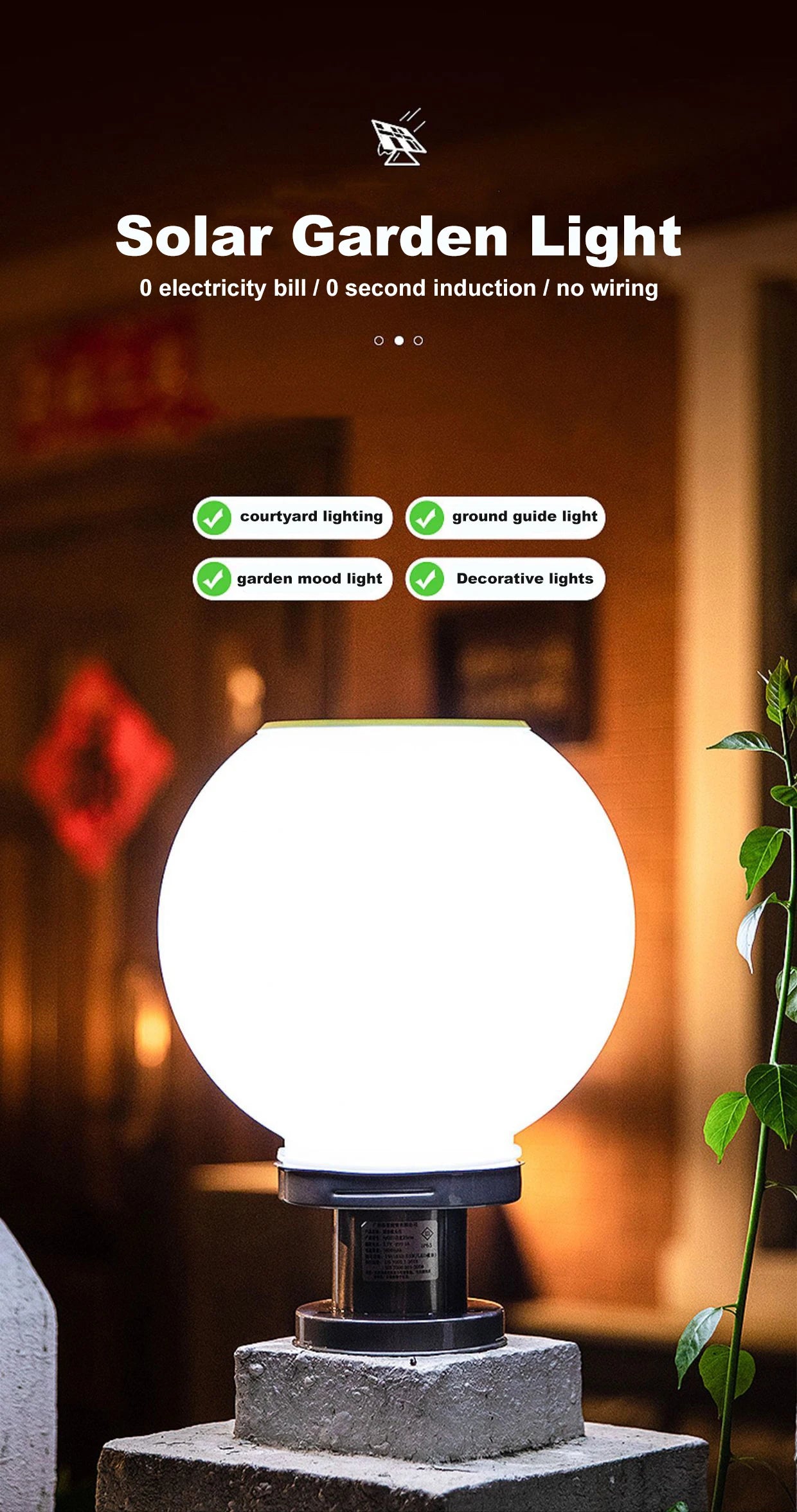 40CM LED Solar Column Head Light Courtyard Corner Light