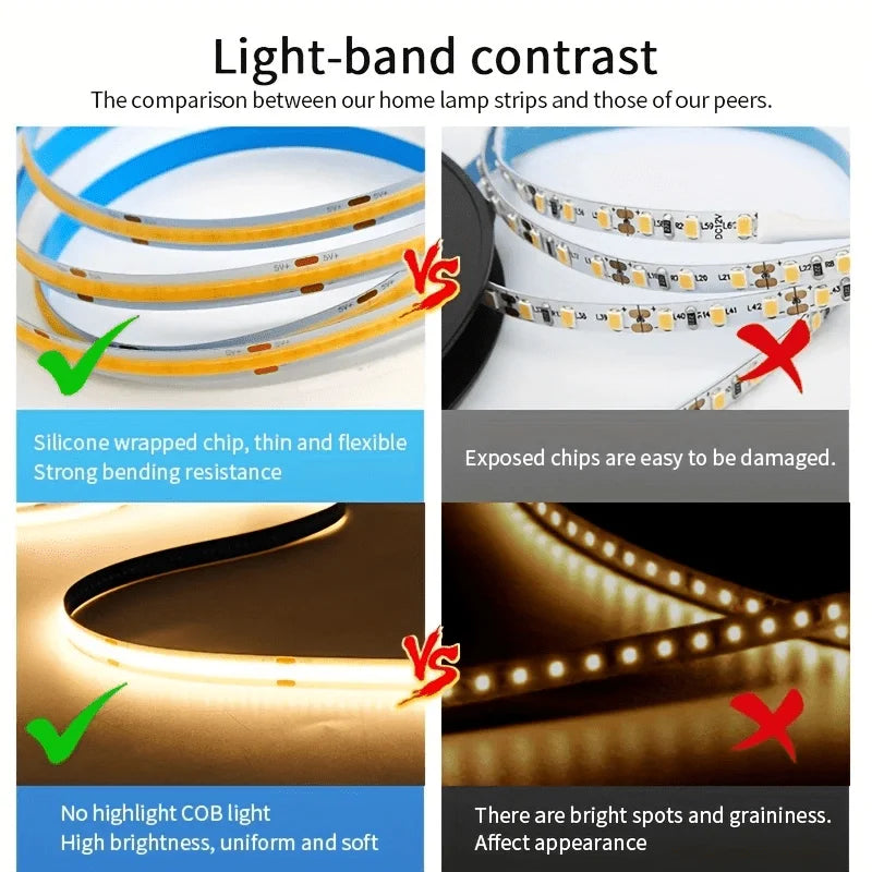 Flexible COB LED Lights Strip with Button Switch USB High Brightness