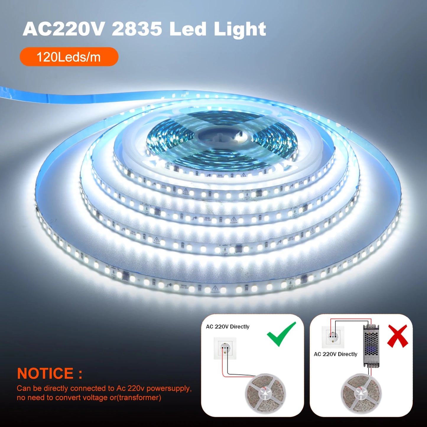 10m 20m 50m 220V 2835 LED Strip Light Flexible Led Tape Lights