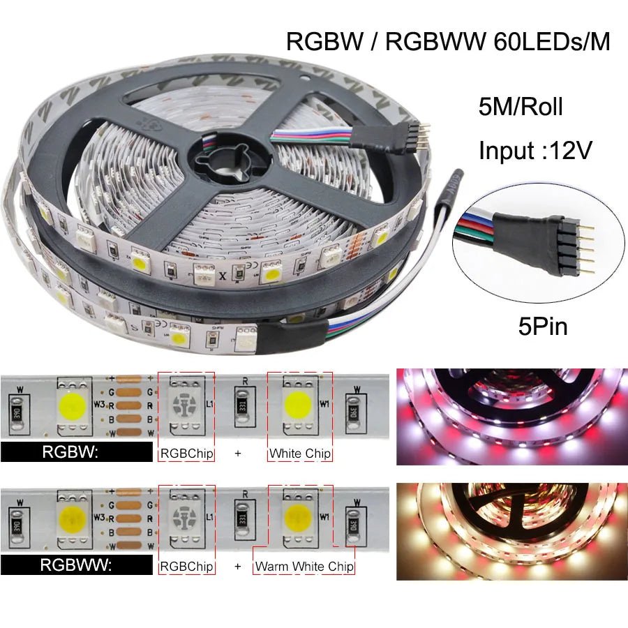 LED Strip 5050 DC 12V 24V RGB Warm White 5 Meter Flexible Light Stripe