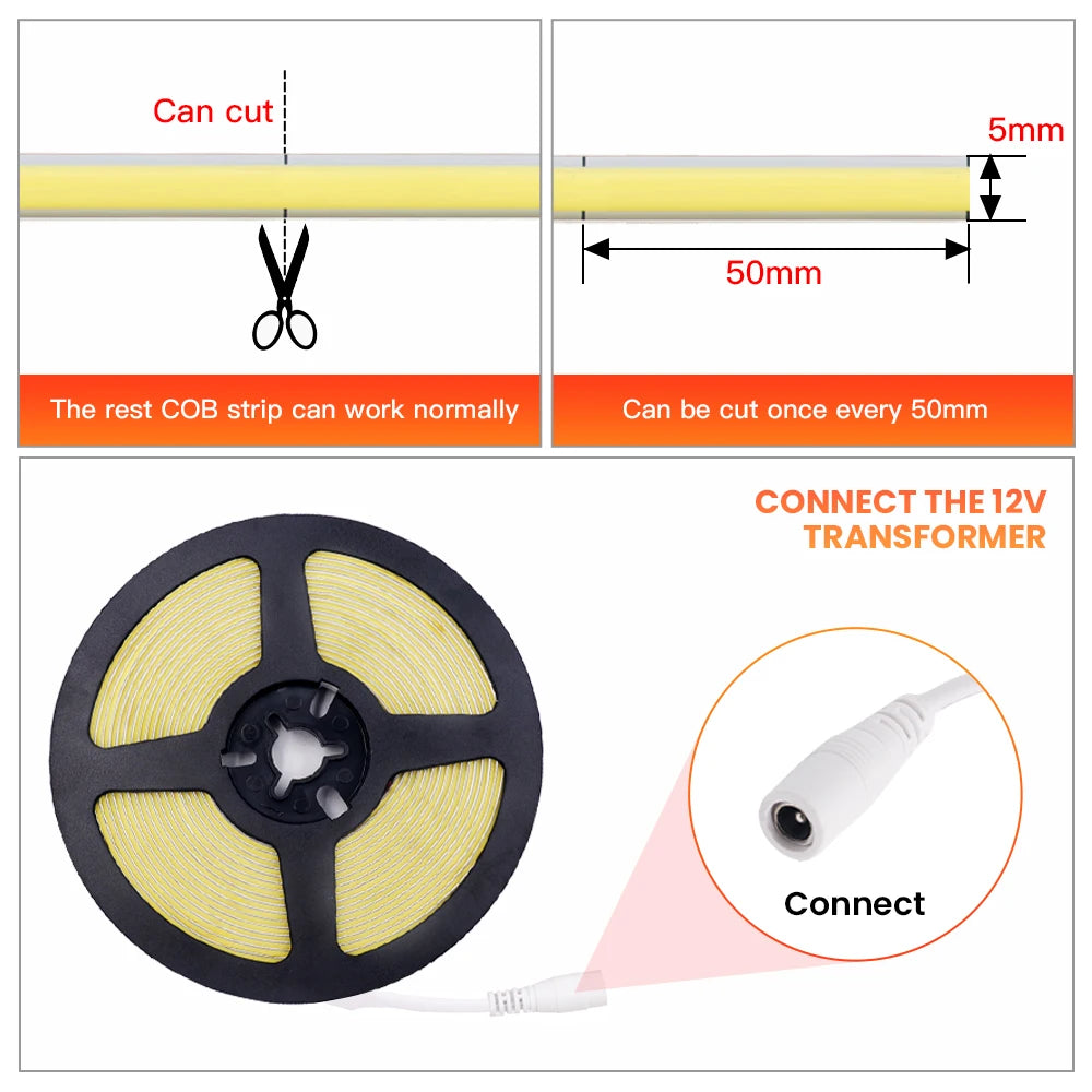 3mm 5mm 8mm PCB COB LED Strip 5V 12V 24V 320LEDs