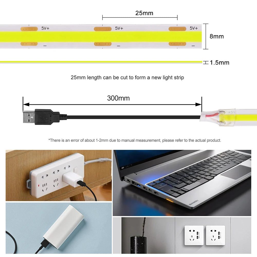 5V USB COB LED Strip Light 3Keys Touch Dimmable ON/OFF Switch