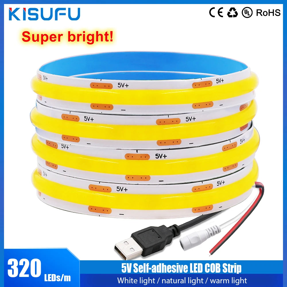 DC5V USB COB Led Strip Light 8MM PCB Flexible Adhesive Tape