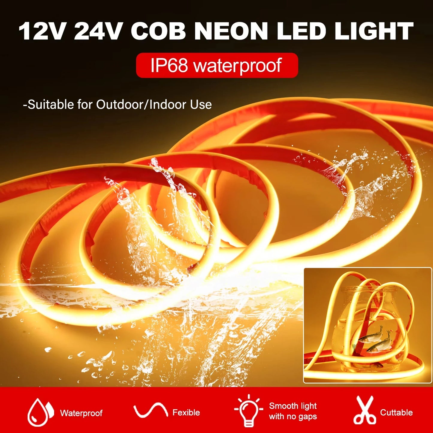IP68 Waterproof COB LED Strip Light DC 12V 24V 320LEDs