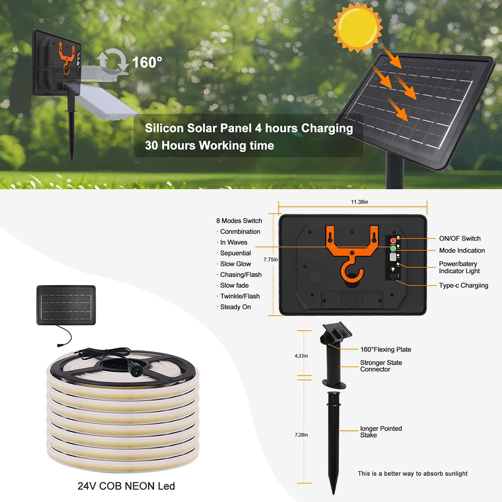 LED Neon Light Strip Solar 24V Waterproof 8 Modes 320LED