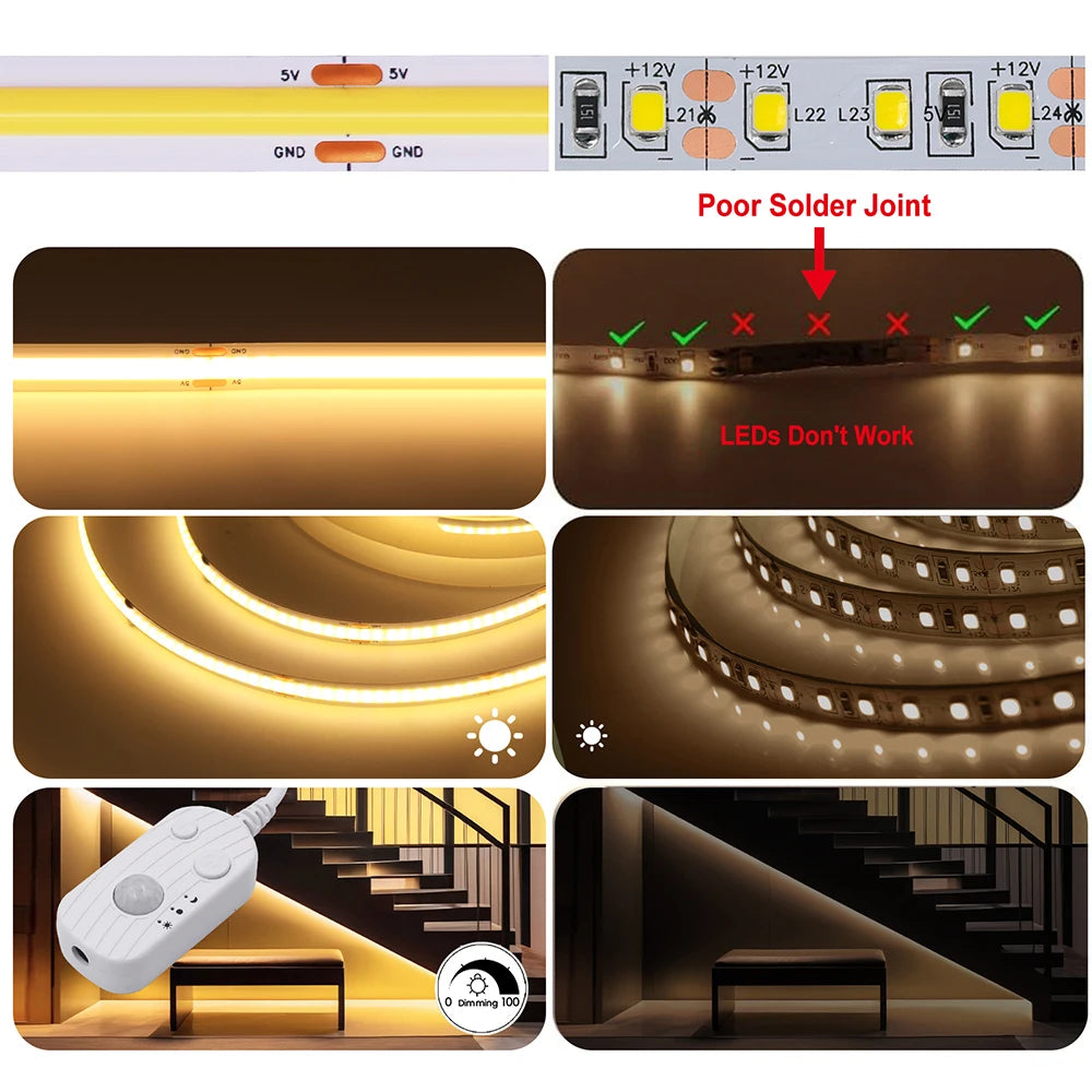 5V 3mm 5mm 8mm COB LED Strip Lights USB Motion Sensor