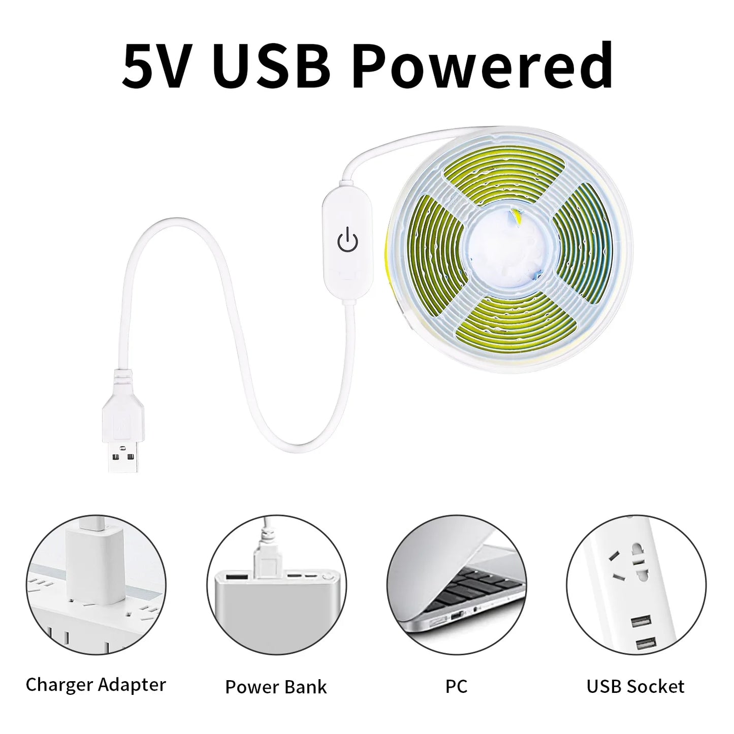 5V COB LED Strip Touch Dimmer USB Plug 320LEDs/m High Density