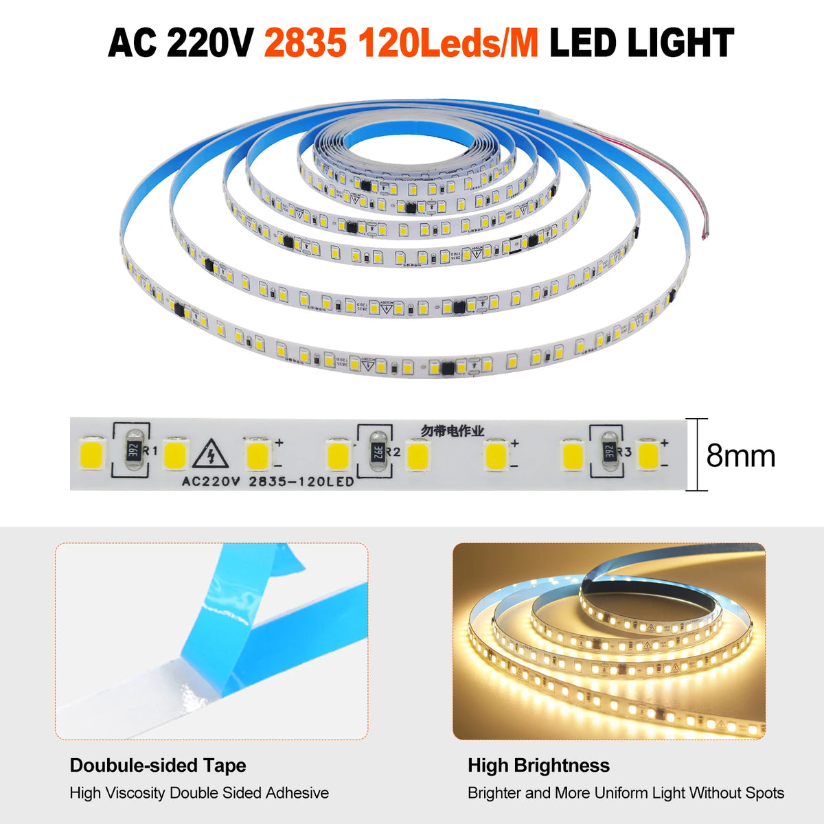 10m 20m 50m 220V 2835 LED Strip Light Flexible Led Tape Lights