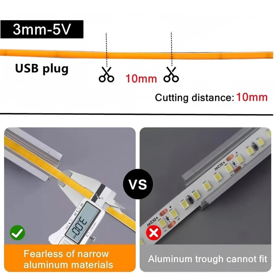 3MM Ultra Thin COB LED Strip 5V Colorful Dimmable High Density Flexible Light