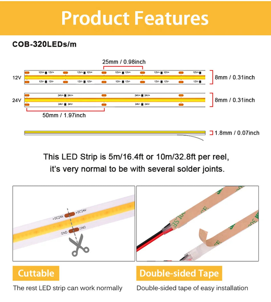 5m 10m DC12-24V COB LED Strip Lights 320LEDs/m High Density