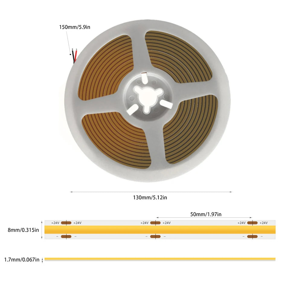 DC 24V Colour COB LED Strip Lights For Room 8mm 480LED/m High Density