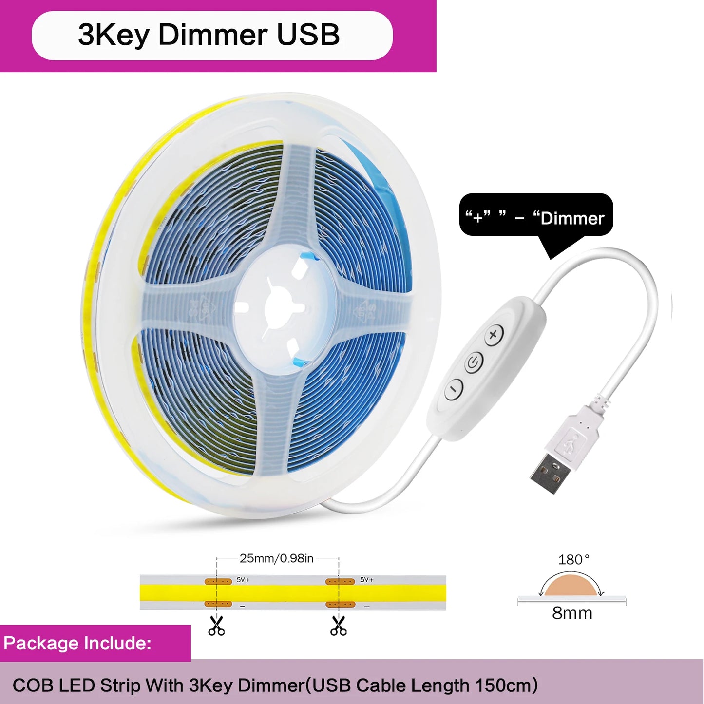 5V COB LED Light Strip With Touch Dimmer/ON OFF Switch