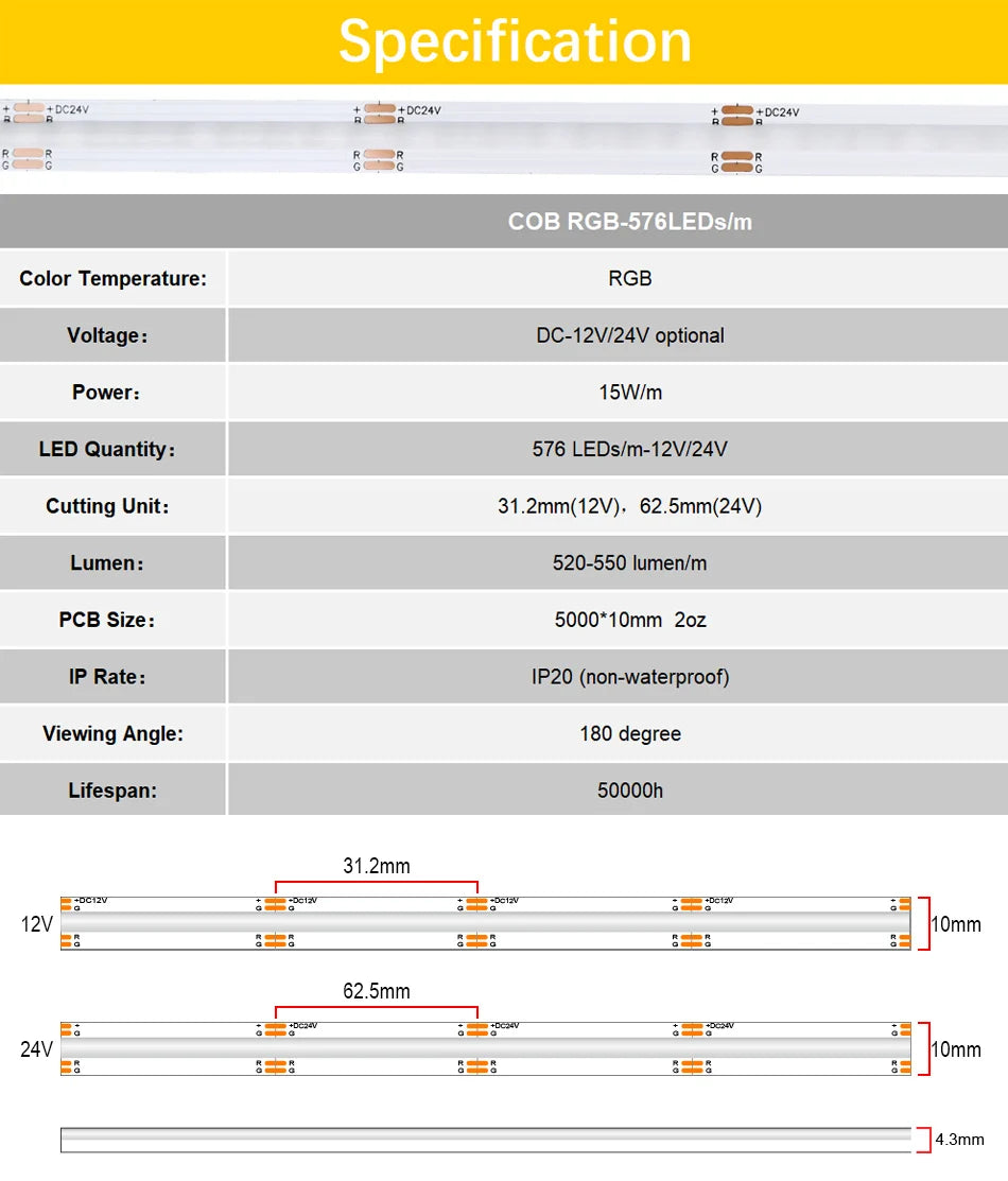 RGB COB LED Strip 576 LEDs/m High Density Flexible Dimmable