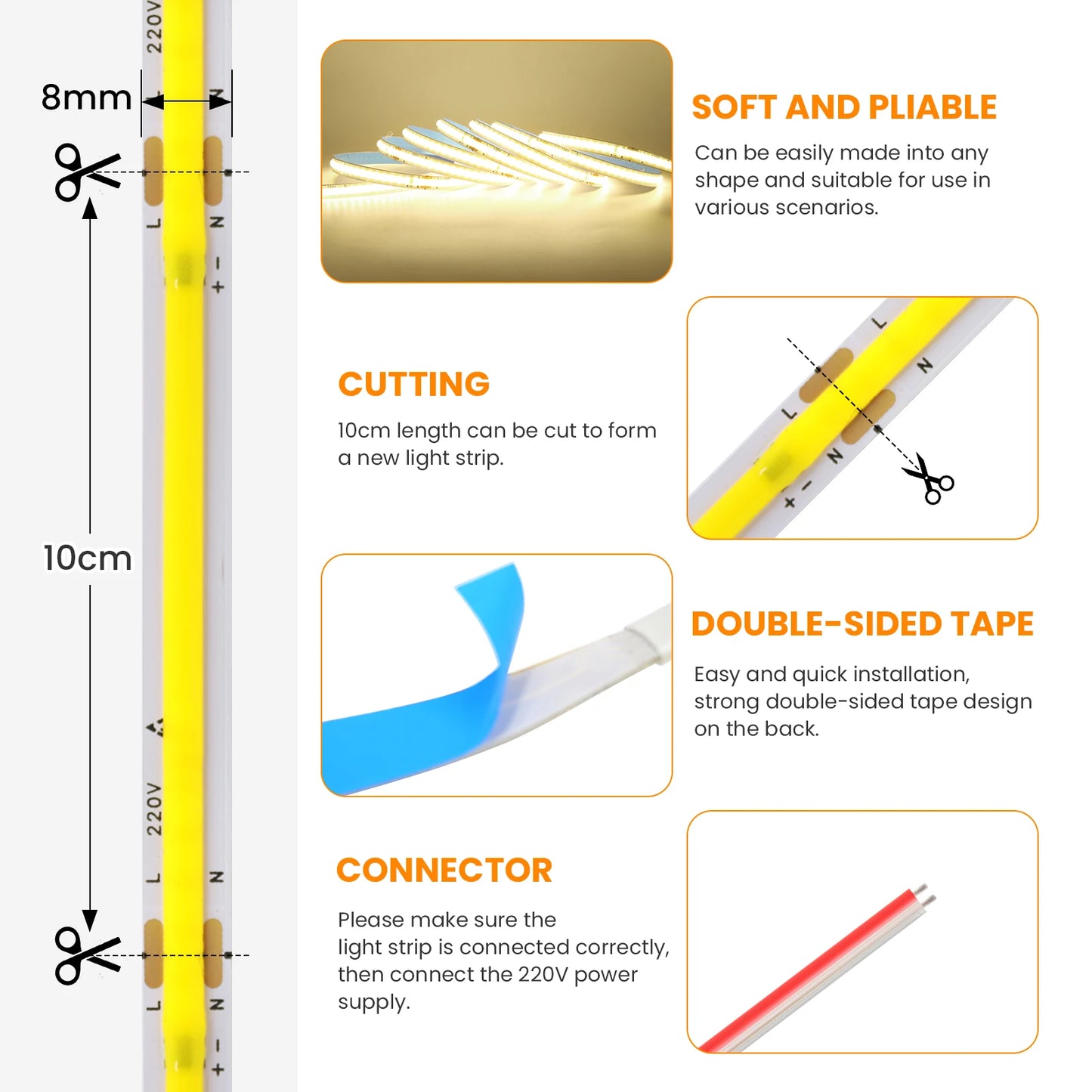 AC 220V COB Strip 240Leds/ Flexible Ribbon LED Light