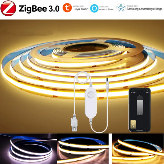 5V USB Tuya Zigbee 3.0 COB LED Strip Light 1m-5m Warm White