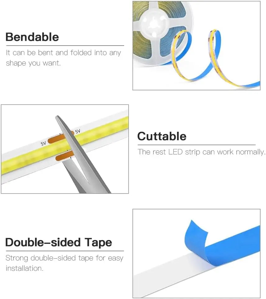 1M-5M USB LED Strip Light 5V 320LEDs/M COB Touch Sensor