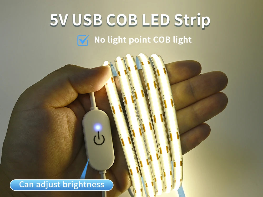 5V COB LED Strip Touch Dimmer USB Plug 320LEDs/m High Density