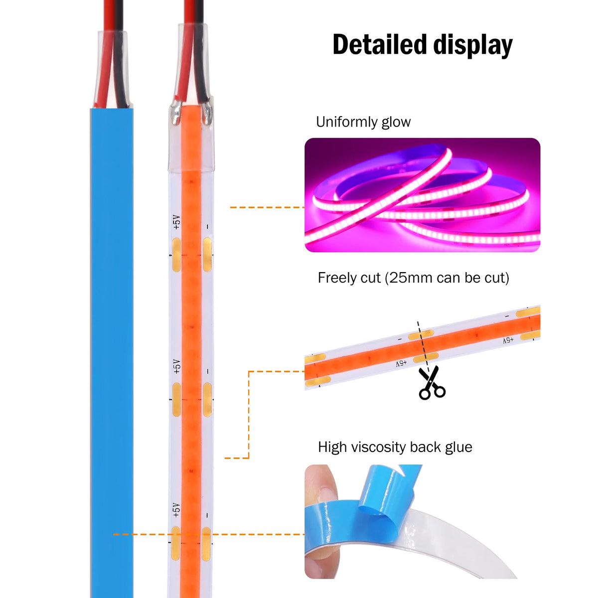 DC5V USB COB LED Strip Light 3MM 5MM 8MM Flexible LED Tape