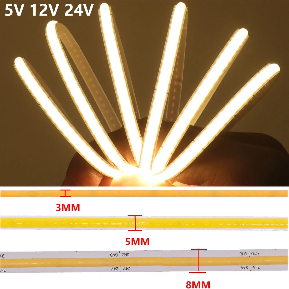 3mm 5mm 8mm PCB COB LED Strip 5V 12V 24V 320LEDs