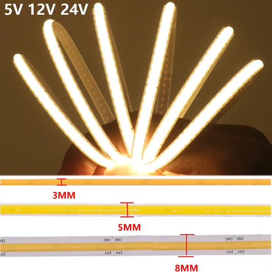 3mm 5mm 8mm PCB COB LED Strip 5V 12V 24V 320LEDs