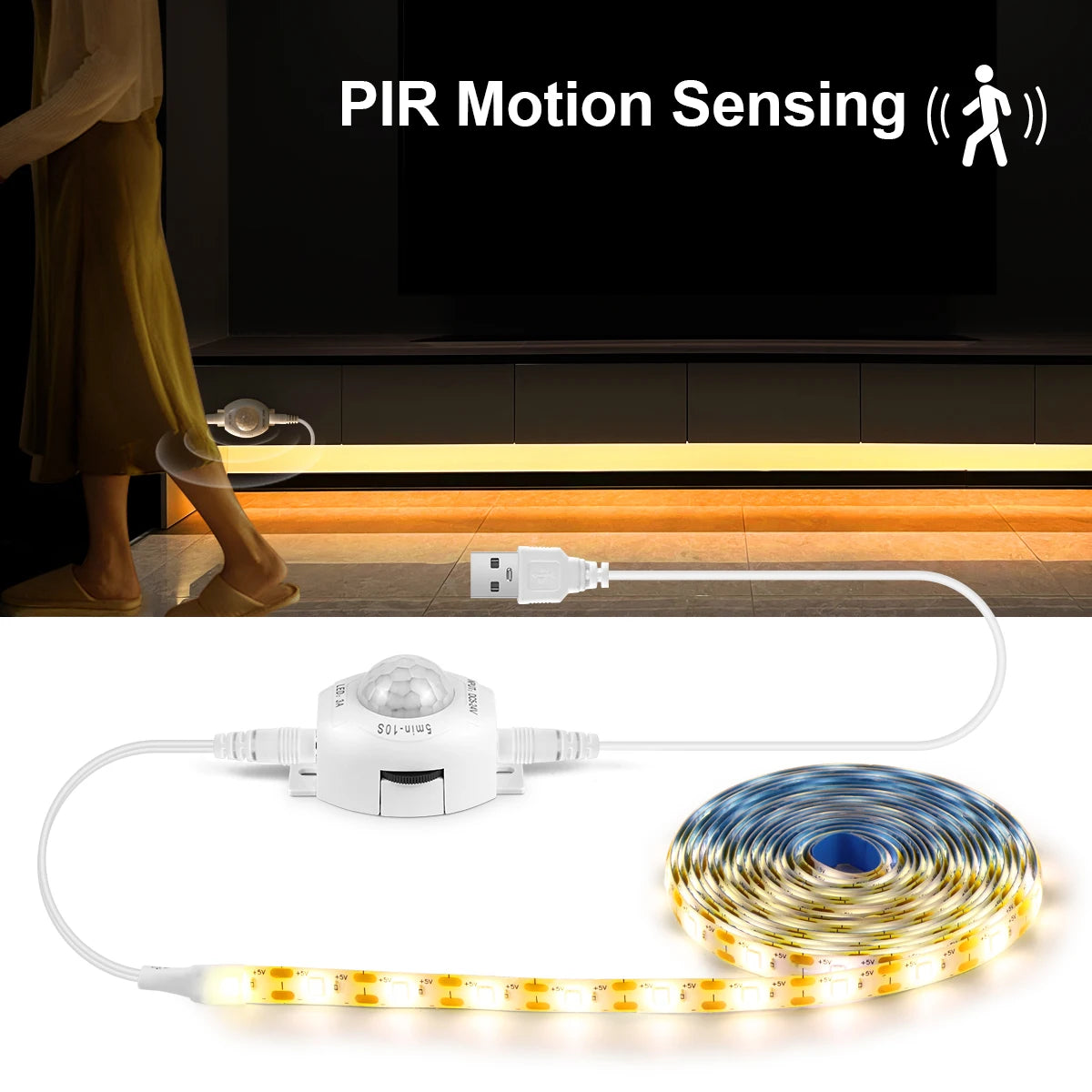 Wireless PIR Motion Sensor 5V USB LED Strip Light Flexible LED Tape