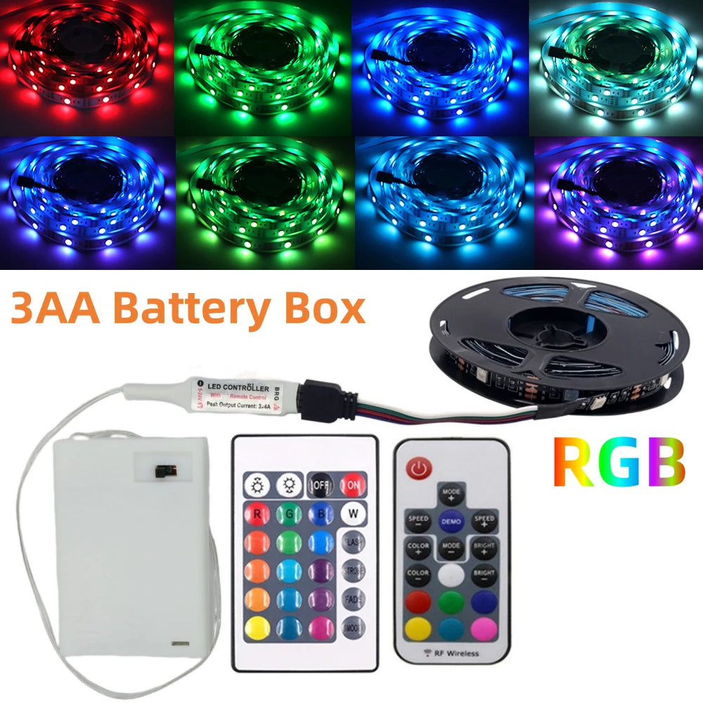 3AA Battery Power RGB Led Strip Light 5V 5050 with 3/17/24 Key