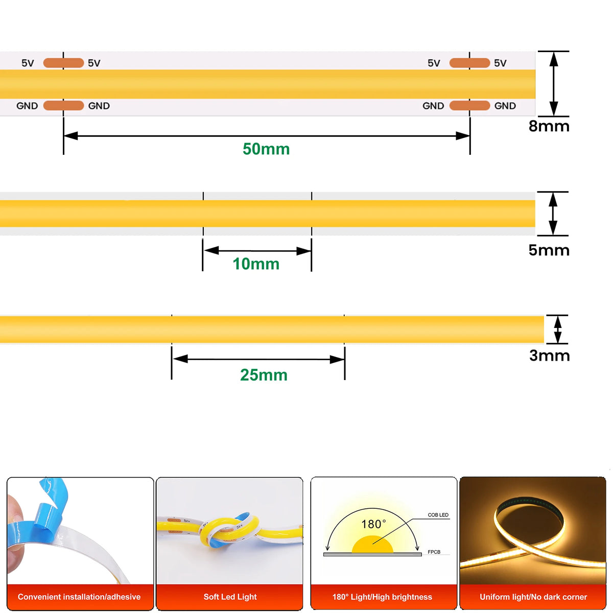 COB LED Strip with Touch Switch 5V USB Flexible Tape