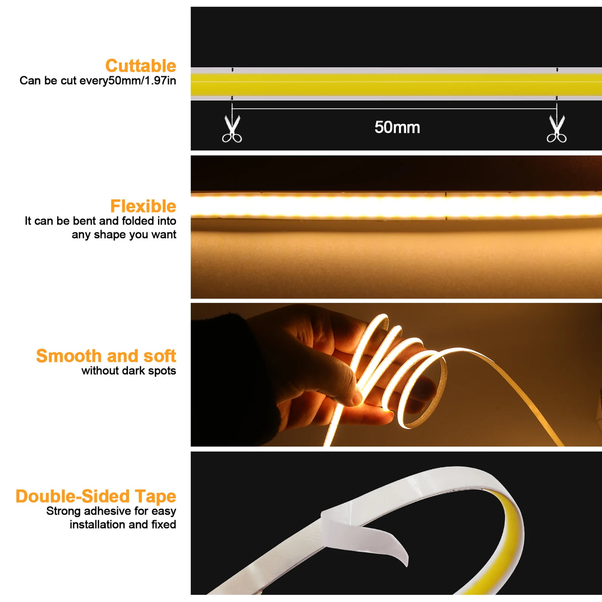 5V 12V 3MM 5MM 8MM FCOB LED Light Strips Bar Dimmable Tape