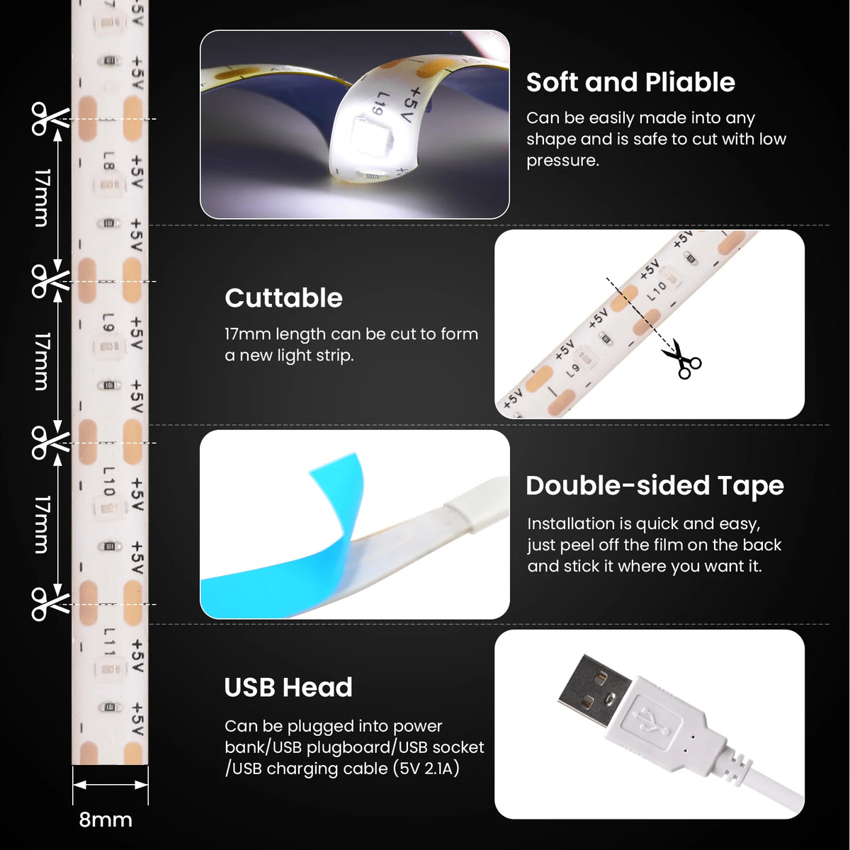 LED Strip Light USB 60Leds/m Flexible Led Tape for Room Decor