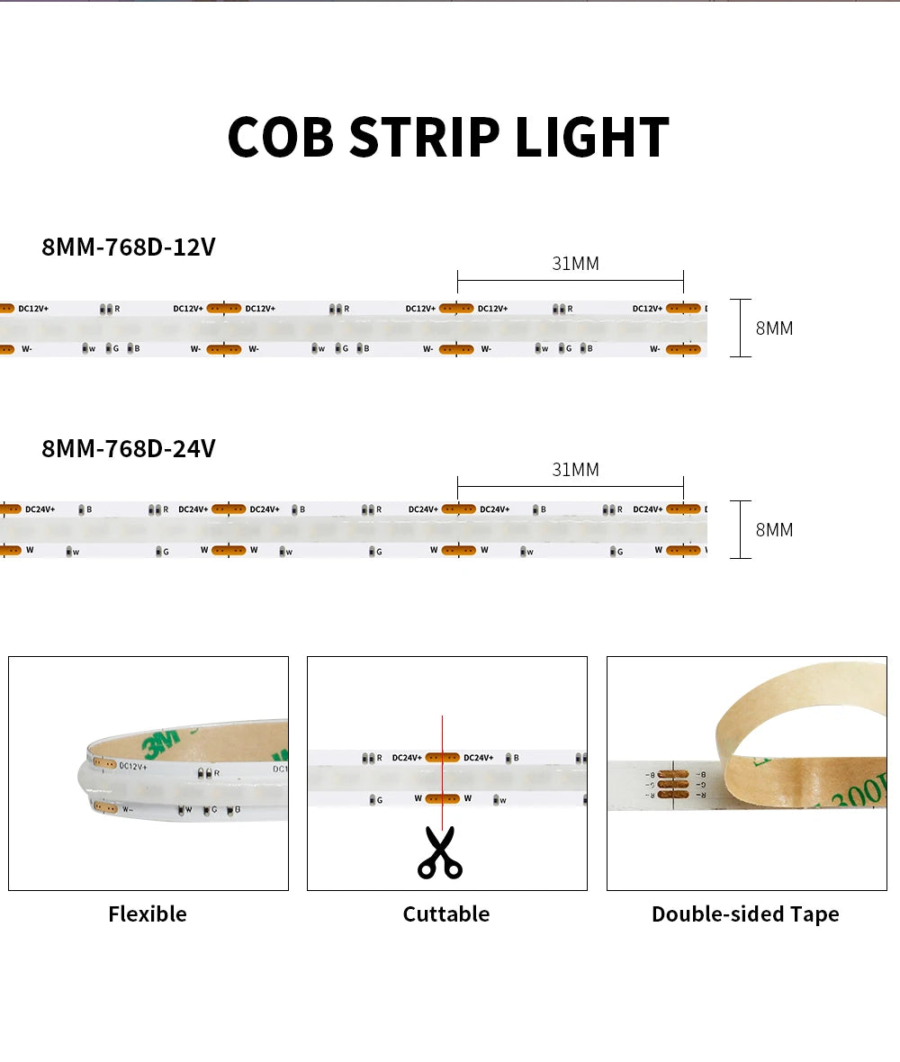 DC12V/24V RGBW COB LED Strip Light 8mm Ultra-Narrow