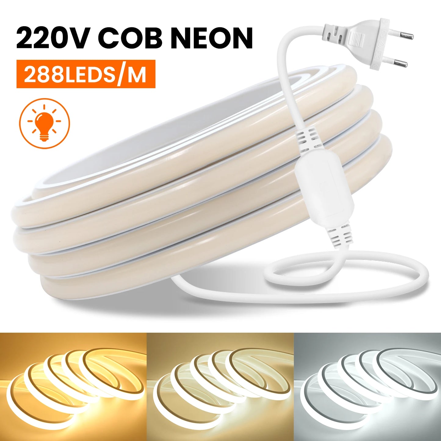Waterproof COB LED Strip Light With EU Switch Plug