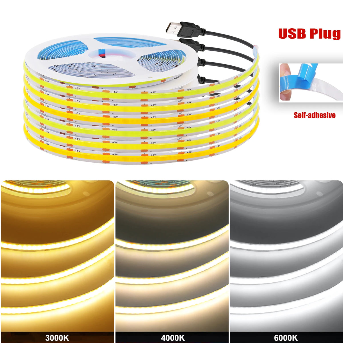 DC5V USB COB Led Strip Light 8MM PCB Flexible Adhesive Tape