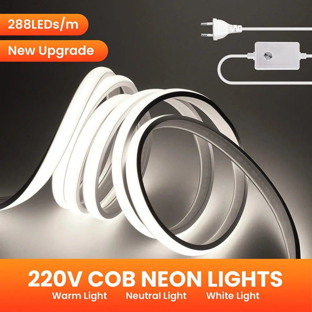 Dimmable COB LED Neon Strip Light 220V Dimmer Switch Power Kit