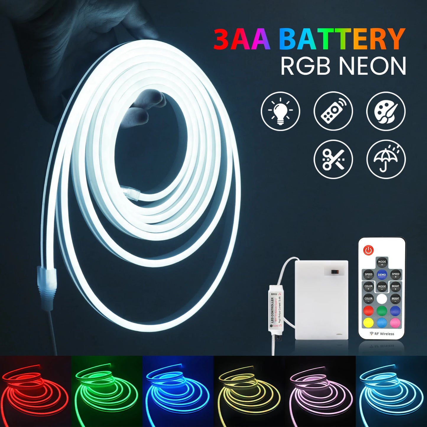 5V RGB Neon Strip Light 1M 2M 3M 3AA Battery Box