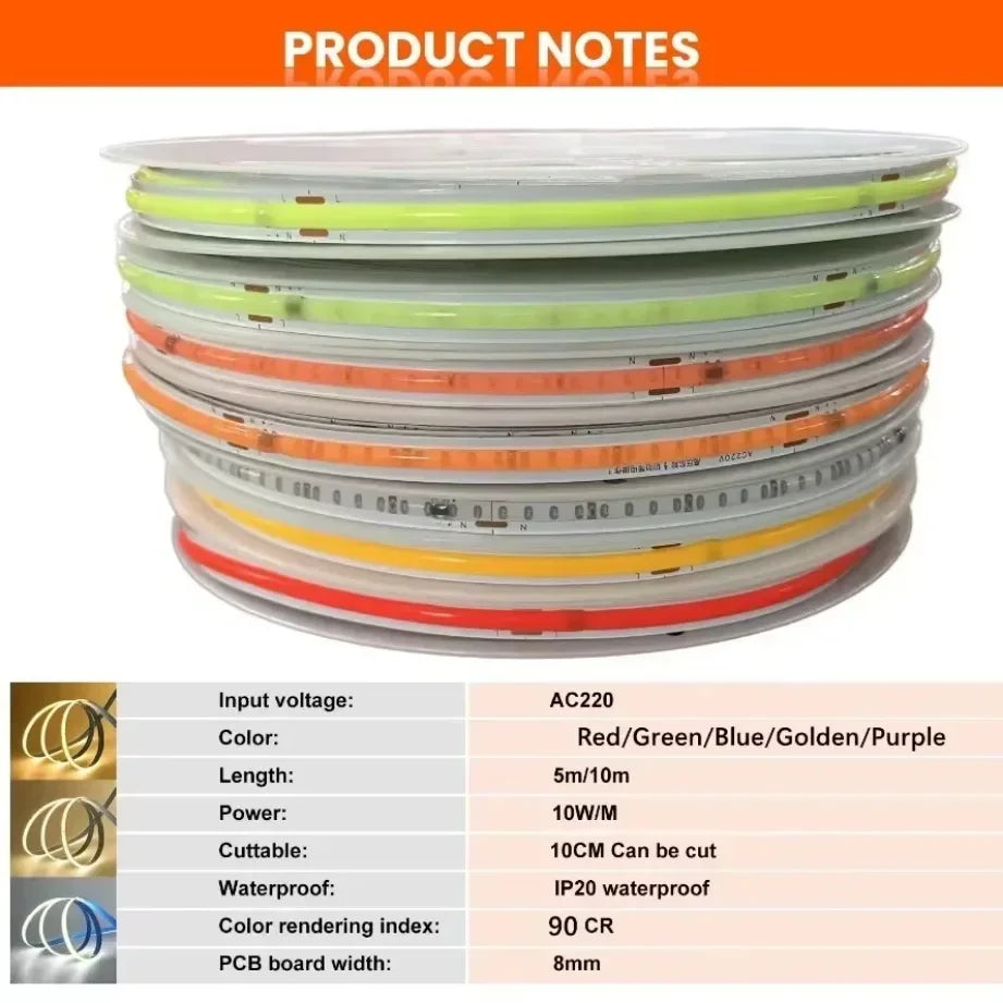 220V COB LED Strip 0.5M-10M Flexible Tape Light Smart