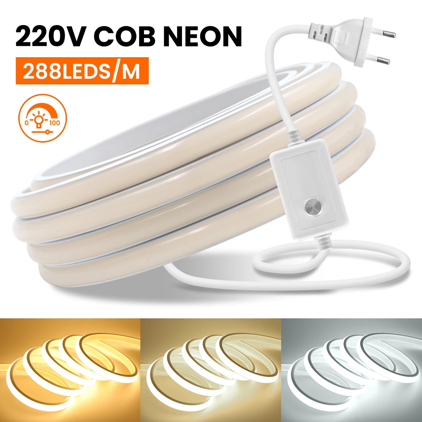 Waterproof COB LED Strip Light With EU Switch Plug