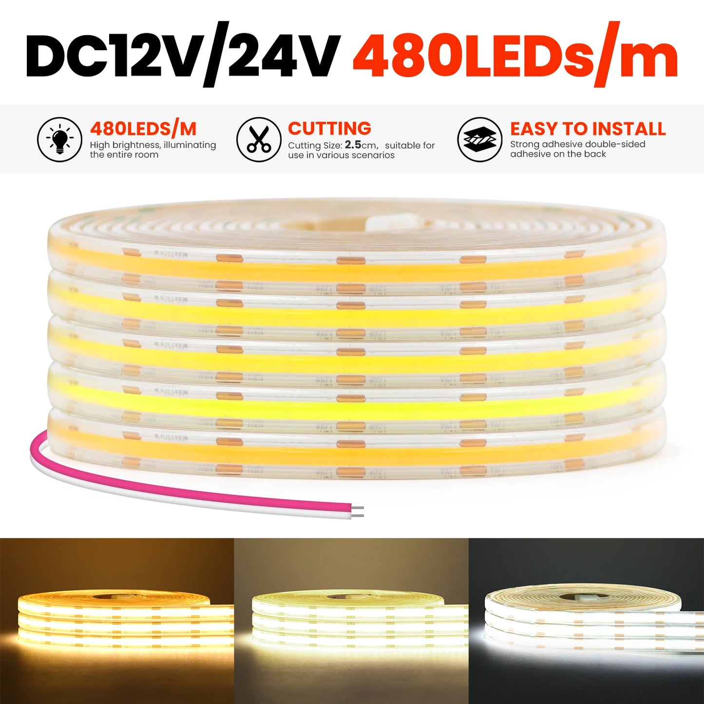 IP68 Waterproof COB LED Strip Lights 12V 24V 480Leds Diode Tape