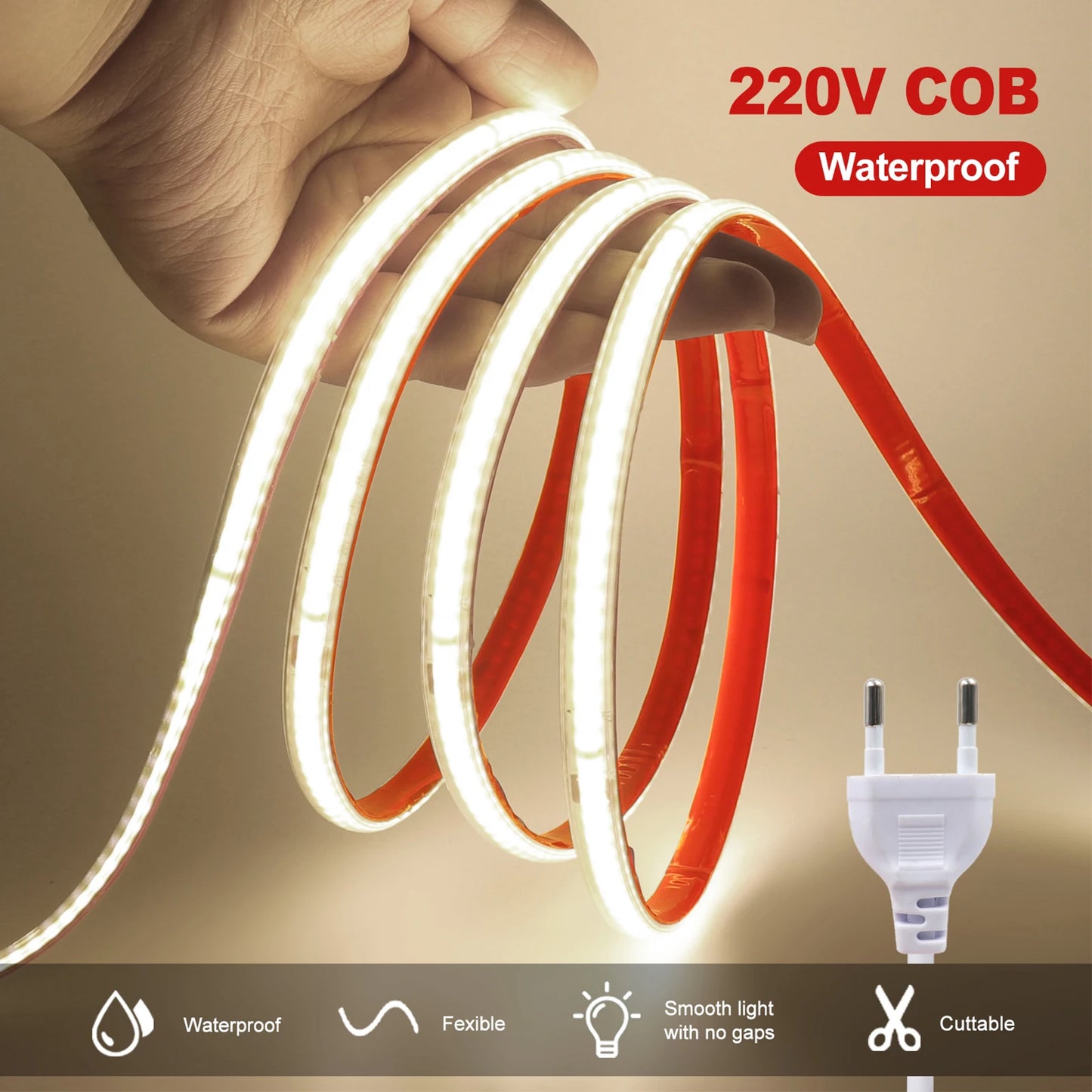 220V COB LED Strip IP65 Waterproof Flexible Tape Light