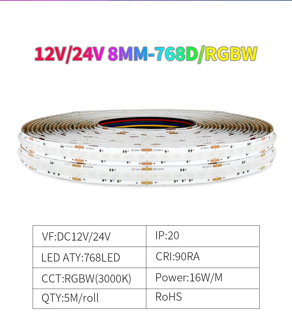 DC12V/24V RGBW COB LED Strip Light 8mm Ultra-Narrow