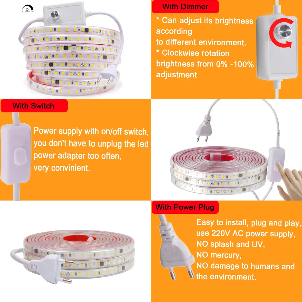Dimmable 220V 2835 Led Strip Light with Dimmer Switch Adhesive Tape