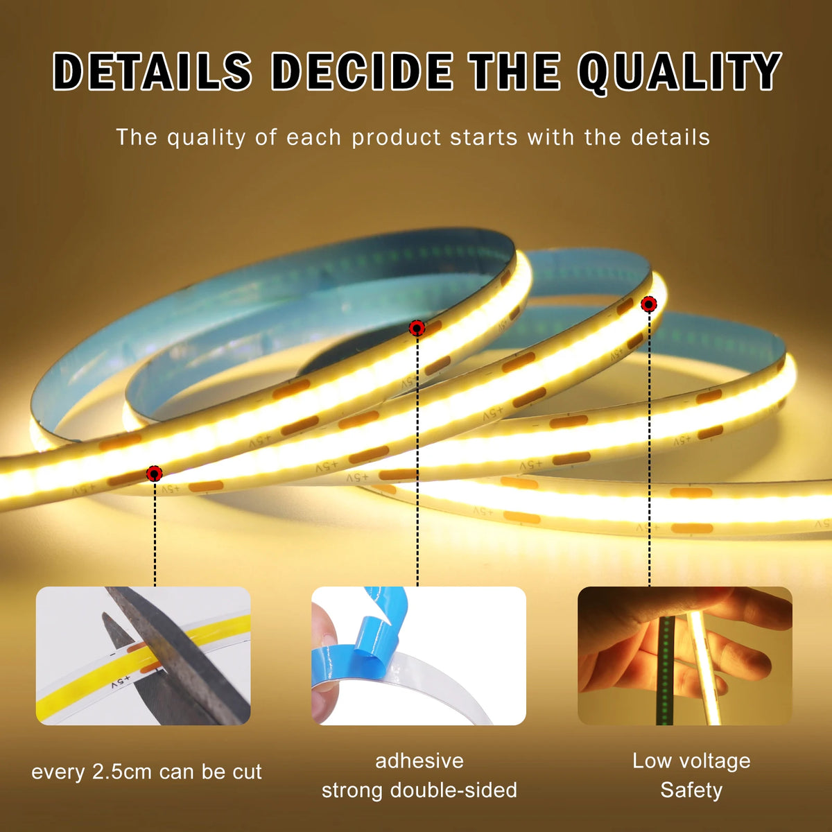5V USB COB LED Strip Light 3Keys Touch Dimmable ON/OFF Switch