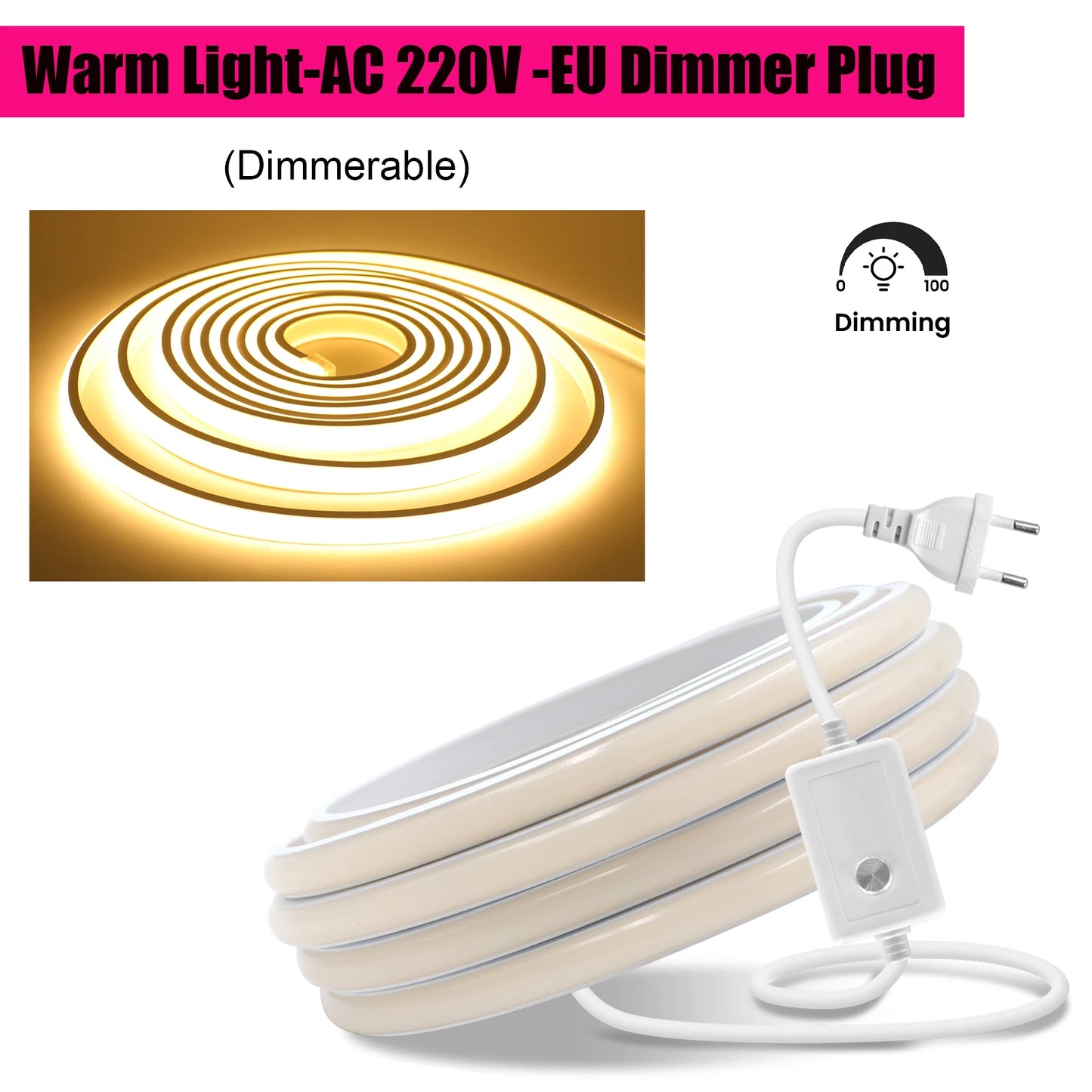 Waterproof COB LED Strip Light With EU Switch Plug