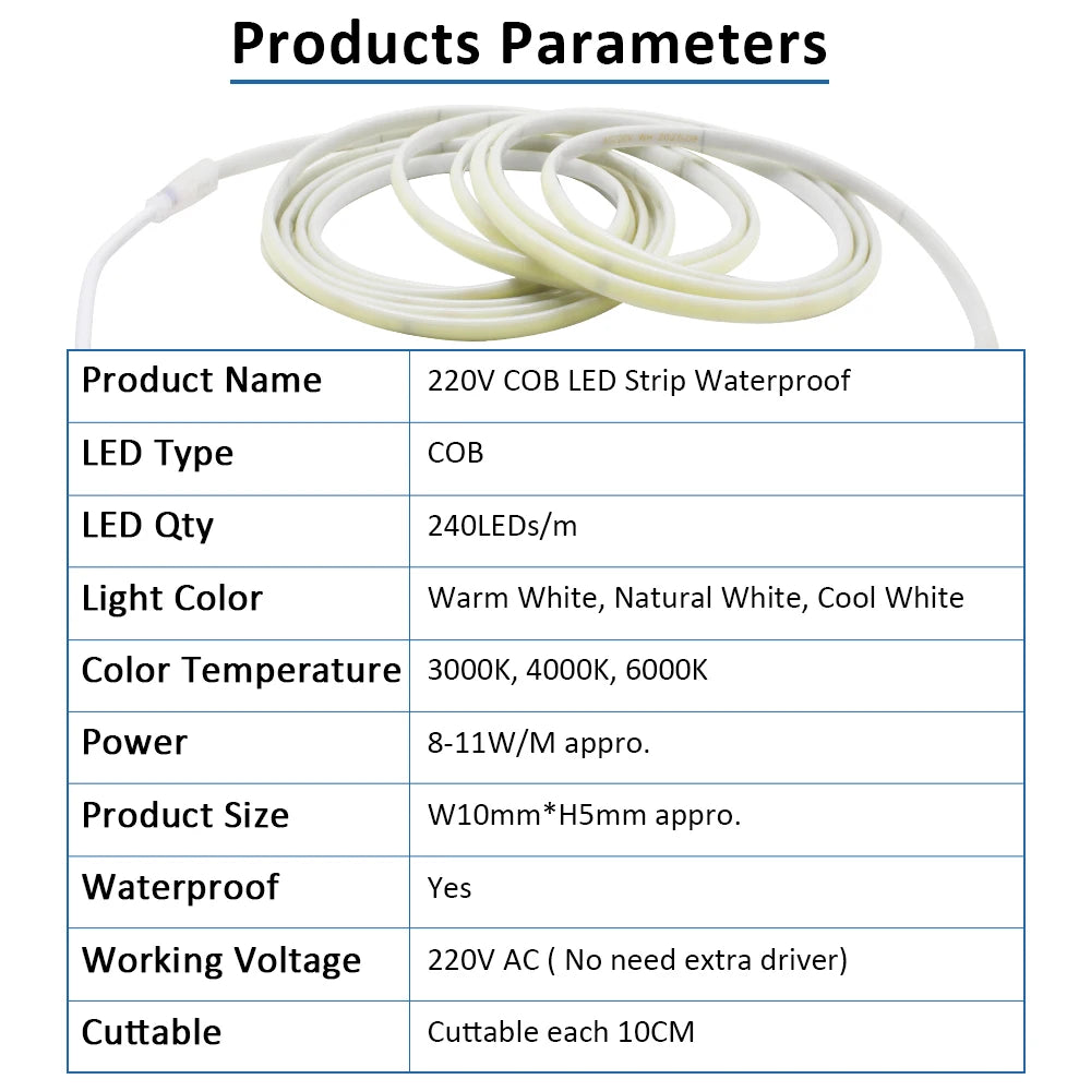220V IP67 Waterproof COB Led Strip 3000K 4000K 6000K 240LEDs