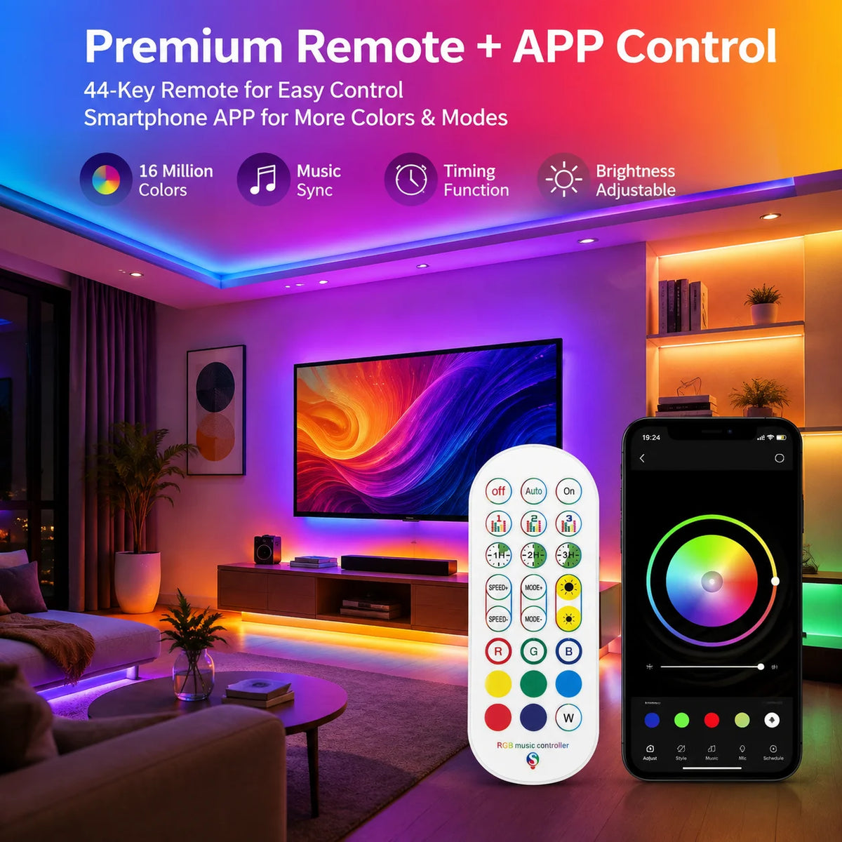 USB 5050 RGB LED Strip With Remote Control, 44 Lighting