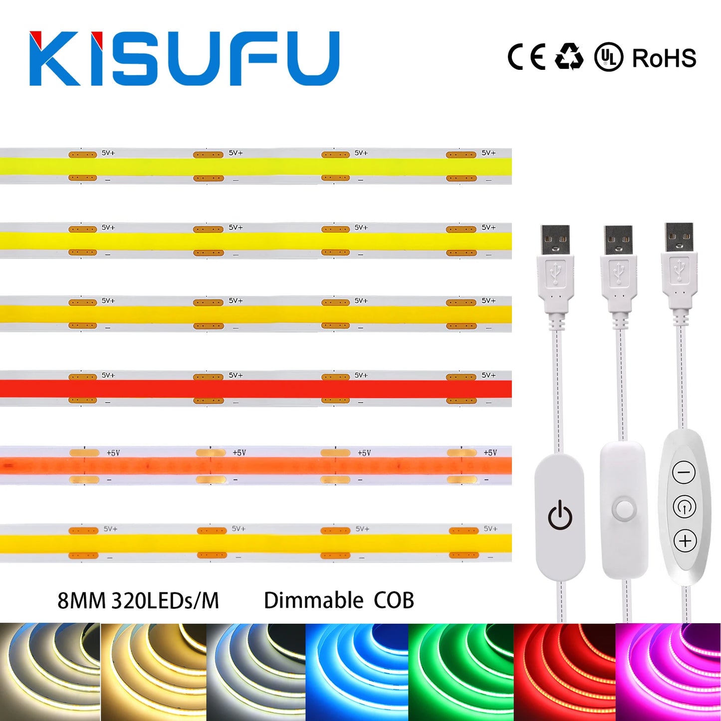 5V COB LED Light Strip With Touch Dimmer/ON OFF Switch