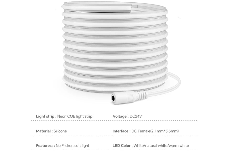 24V COB Neon Strip Light 280LEDs/M Solid Silicone Gel Tube