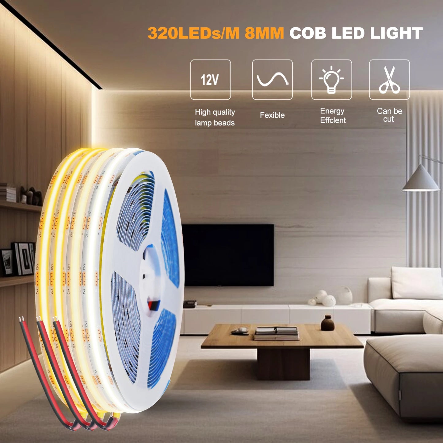 COB Strip Light 8MM 320Leds/M High Density Linear Lighting