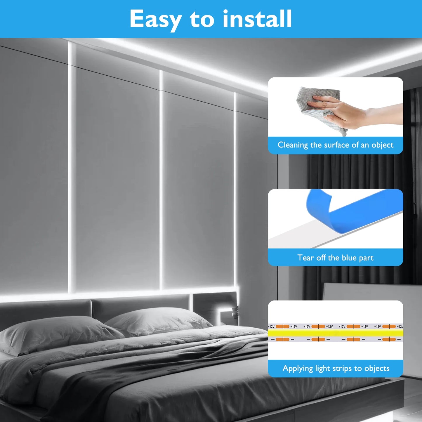 DC12 24V COB LED Strip Light 528Leds/m Flexible Tape Ribbon
